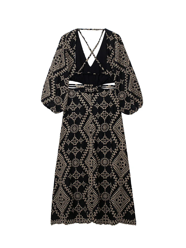 FashionSierra-Vintage Ethnic Embroidery Party Deep V-neck Backless Long Sleeve Beach Summer Vestidos Boho Dress