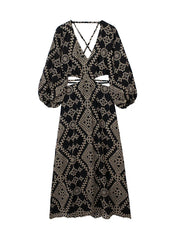 FashionSierra-Vintage Ethnic Embroidery Party Deep V-neck Backless Long Sleeve Beach Summer Vestidos Boho Dress
