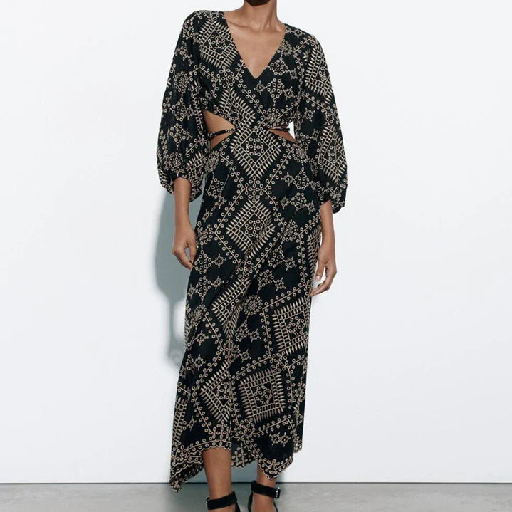 FashionSierra-Vintage Ethnic Embroidery Party Deep V-neck Backless Long Sleeve Beach Summer Vestidos Boho Dress
