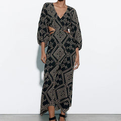 FashionSierra-Vintage Ethnic Embroidery Party Deep V-neck Backless Long Sleeve Beach Summer Vestidos Boho Dress