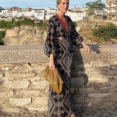 FashionSierra-Vintage Ethnic Embroidery Party Deep V-neck Backless Long Sleeve Beach Summer Vestidos Boho Dress