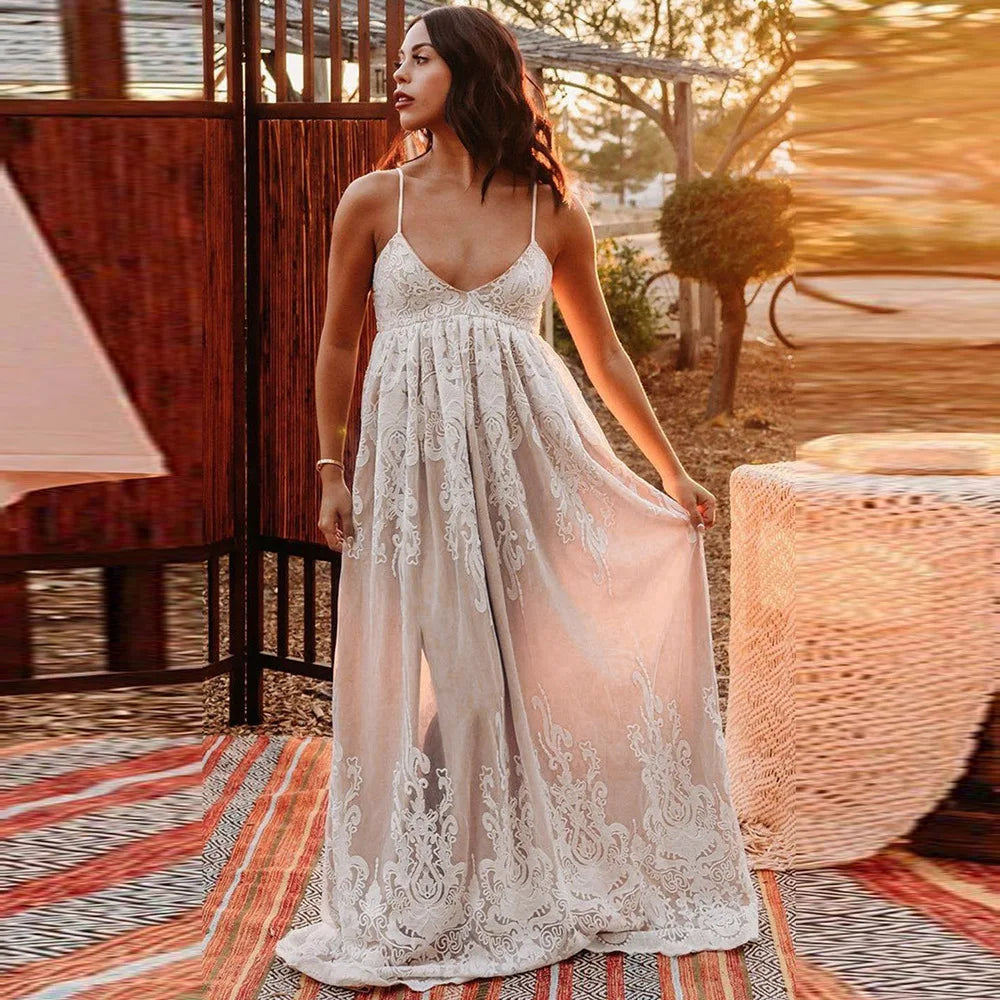 FashionSierra-Vintage  Lace Sling  For  Casual  Deep V  Floral Embroidery  Loose  Summer    Backless  Vestidos  Boho Dress