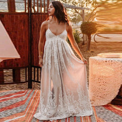 FashionSierra-Vintage  Lace Sling  For  Casual  Deep V  Floral Embroidery  Loose  Summer    Backless  Vestidos  Boho Dress