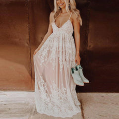FashionSierra-Vintage  Lace Sling  For  Casual  Deep V  Floral Embroidery  Loose  Summer    Backless  Vestidos  Boho Dress
