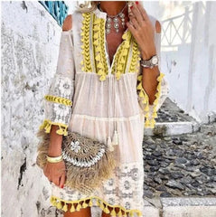 FashionSierra-Vintage Long Sleeve Mini Beach Wear Deep V Tassel Summer Floral Embroidery Lace Vestidos Boho Dress