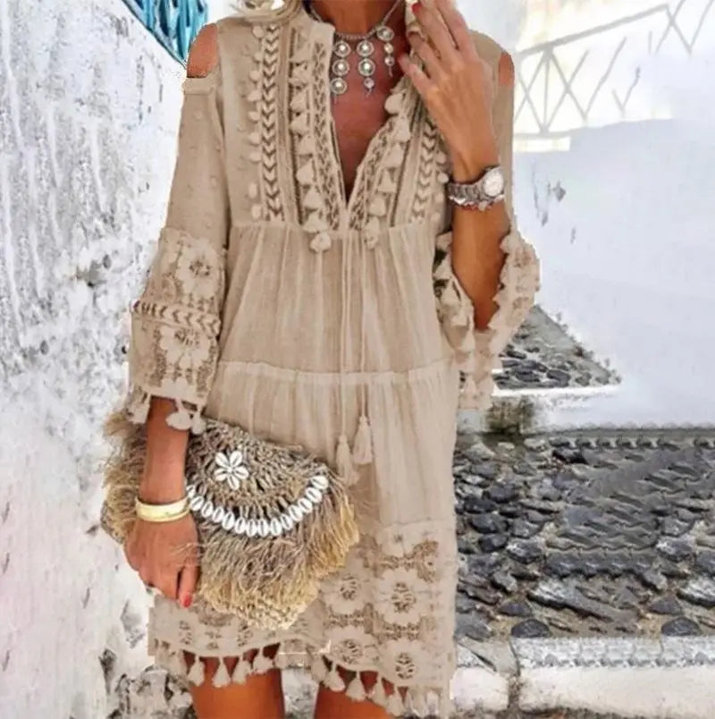 FashionSierra-Vintage Long Sleeve Mini Beach Wear Deep V Tassel Summer Floral Embroidery Lace Vestidos Boho Dress