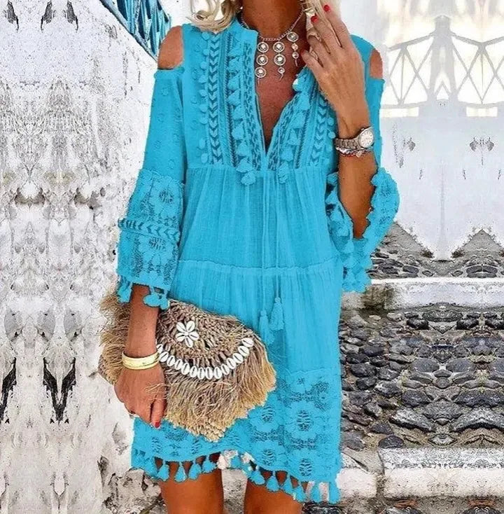 FashionSierra-Vintage Long Sleeve Mini Beach Wear Deep V Tassel Summer Floral Embroidery Lace Vestidos Boho Dress