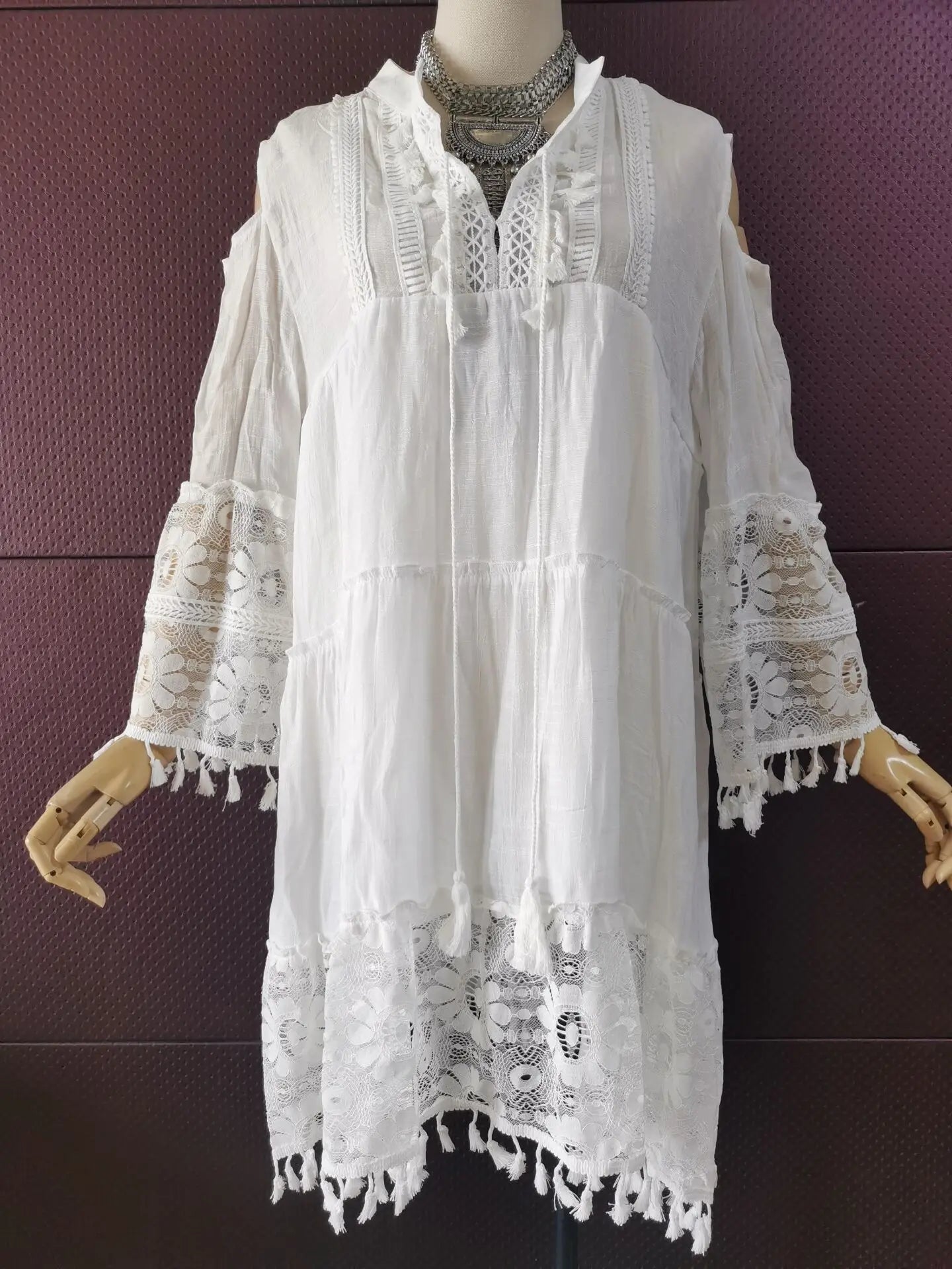 FashionSierra-Vintage Long Sleeve Mini Beach Wear Deep V Tassel Summer Floral Embroidery Lace Vestidos Boho Dress