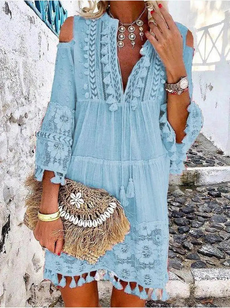 FashionSierra-Vintage Long Sleeve Mini Beach Wear Deep V Tassel Summer Floral Embroidery Lace Vestidos Boho Dress