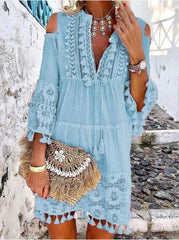 FashionSierra-Vintage Long Sleeve Mini Beach Wear Deep V Tassel Summer Floral Embroidery Lace Vestidos Boho Dress