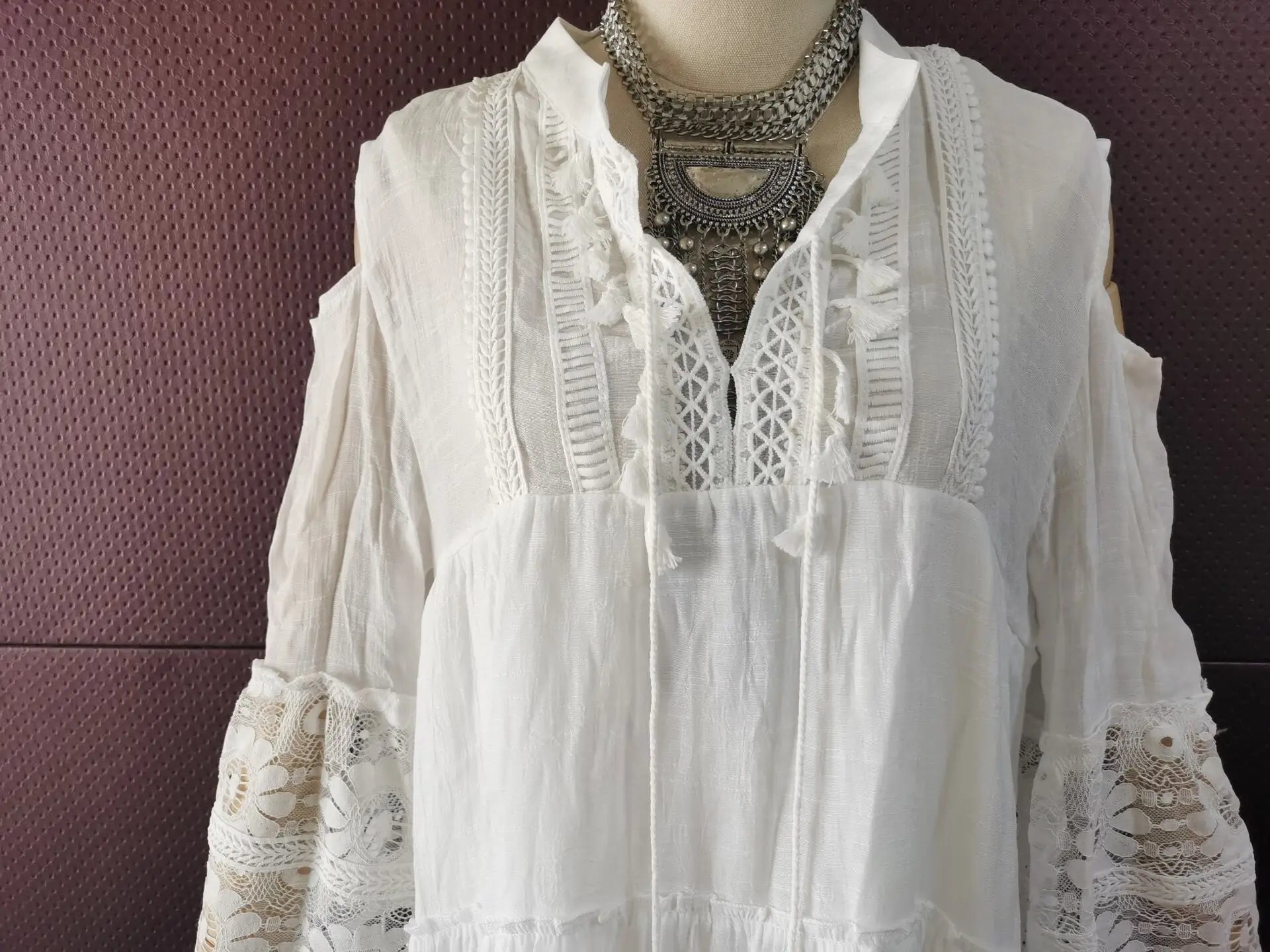 FashionSierra-Vintage Long Sleeve Mini Beach Wear Deep V Tassel Summer Floral Embroidery Lace Vestidos Boho Dress