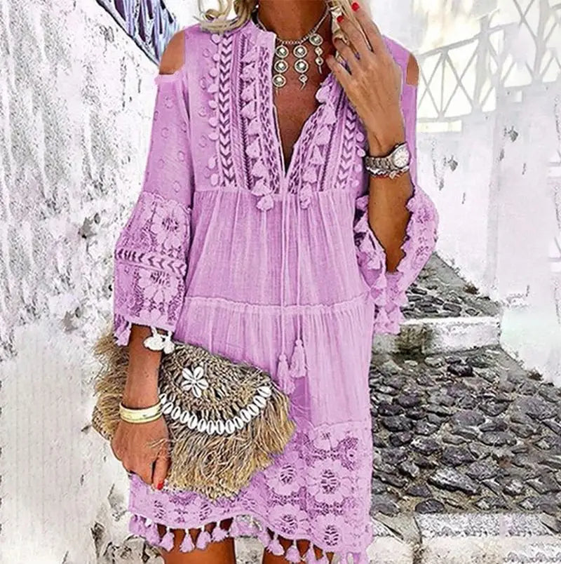 FashionSierra-Vintage Long Sleeve Mini Beach Wear Deep V Tassel Summer Floral Embroidery Lace Vestidos Boho Dress