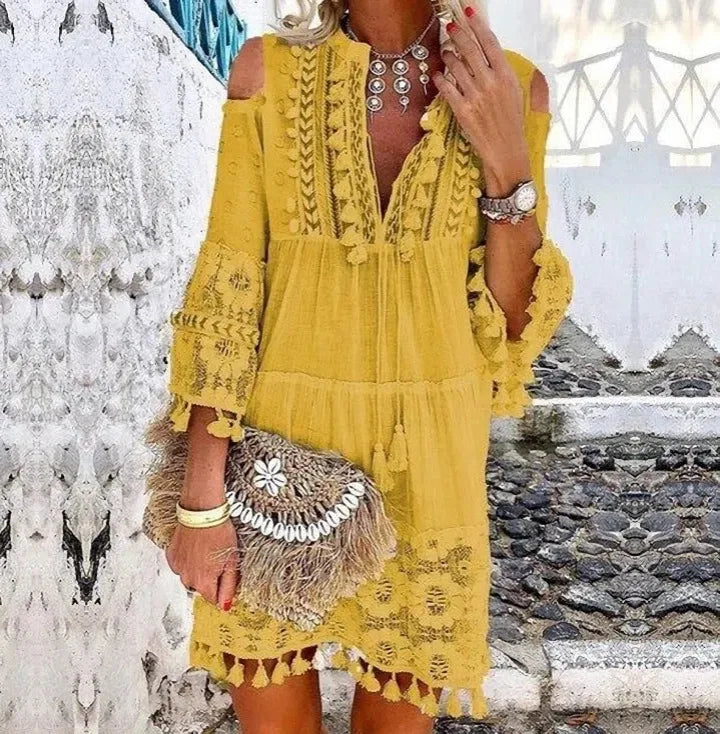 FashionSierra-Vintage Long Sleeve Mini Beach Wear Deep V Tassel Summer Floral Embroidery Lace Vestidos Boho Dress
