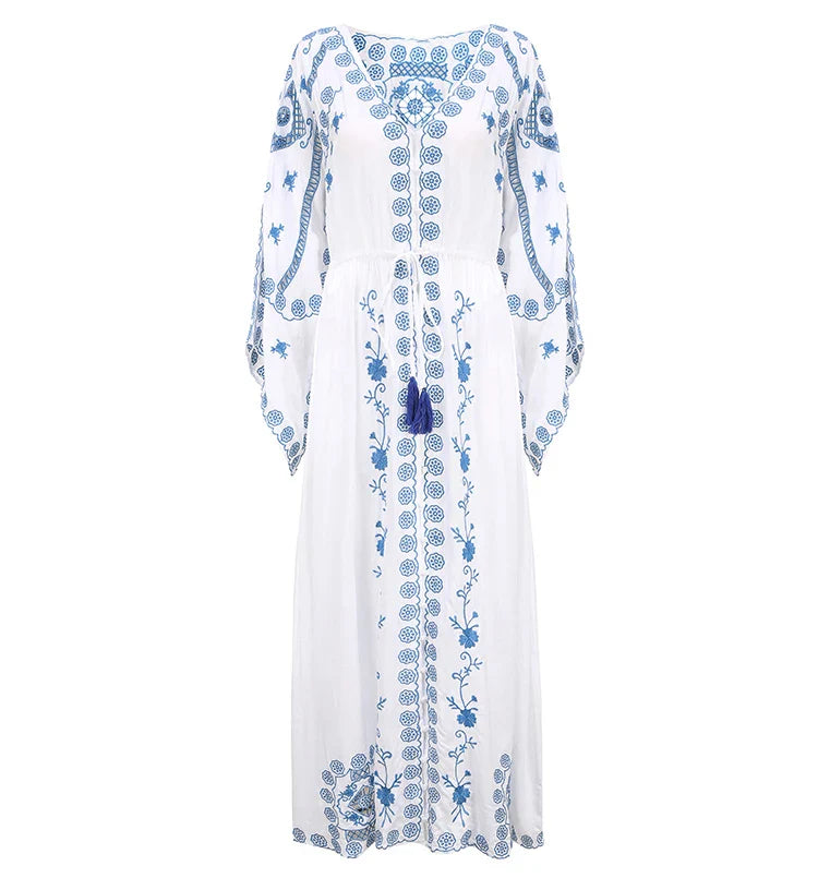 FashionSierra-Hollow  Floral Embroidery  Long Sleeve  Strap  Maxi  White  Vintage  V Neck  Beach Ladies Boho Dress