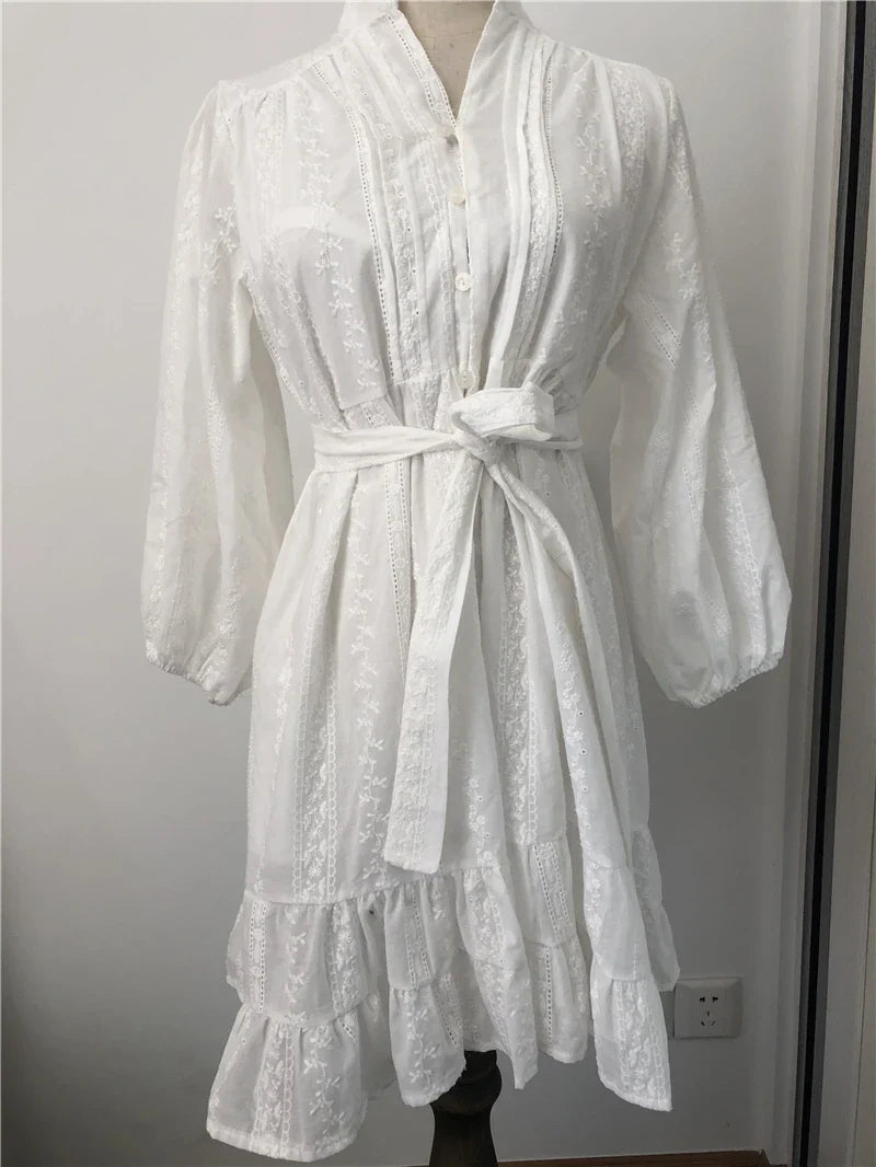 FashionSierra-Mini  White Cotton Lace  Summer   V Neck  Floral Embroidery  Brand   Beach  Vestidos  Boho Dress