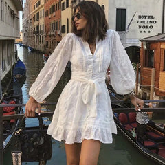 FashionSierra-Mini  White Cotton Lace  Summer   V Neck  Floral Embroidery  Brand   Beach  Vestidos  Boho Dress