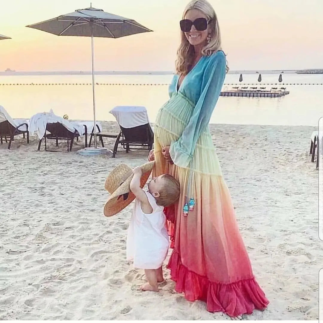 FashionSierra-Chiffon Long Sleeve Maxi Deep V Neck Irregular Rainbow Ruffles Beach Party Vestidos Boho Dress