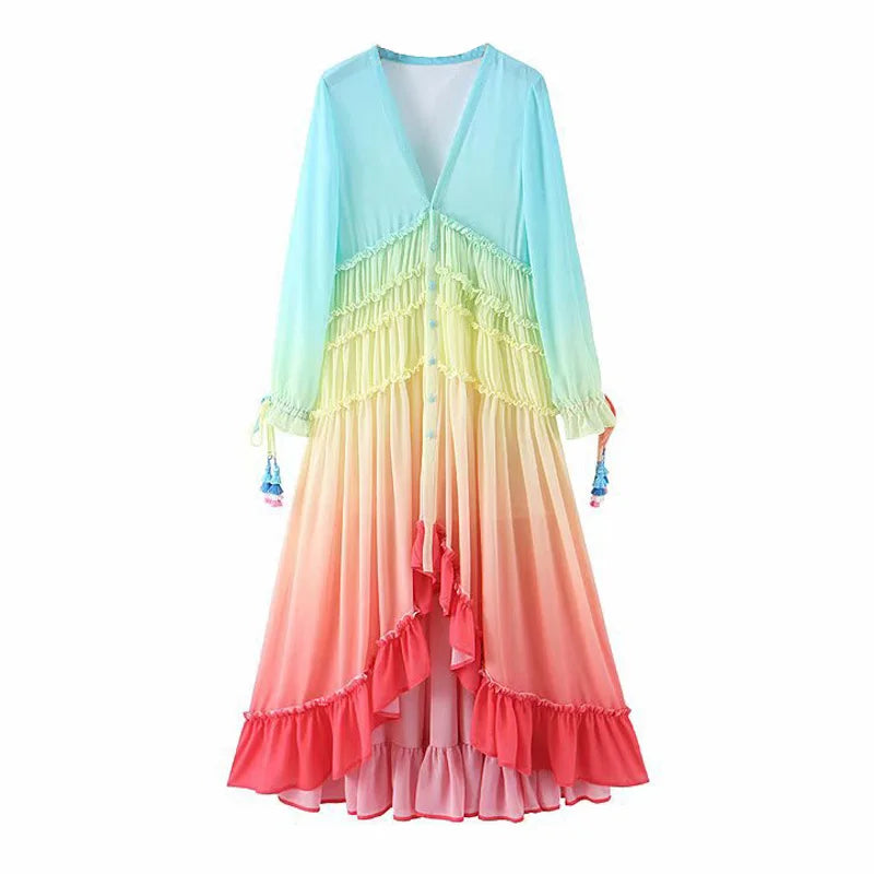 FashionSierra-Chiffon Long Sleeve Maxi Deep V Neck Irregular Rainbow Ruffles Beach Party Vestidos Boho Dress
