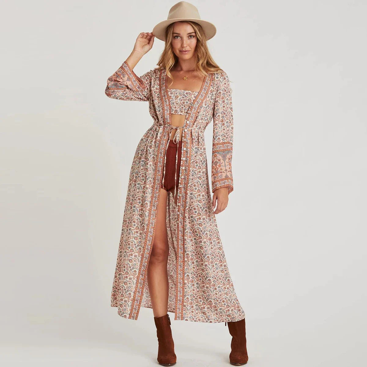 FashionSierra-Flare Long Sleeve  Maxi   Vintage  Cotton Floral Print  Deep V-neck  Fall Autumn  Beach  Vestidos  Robe Boho Dress