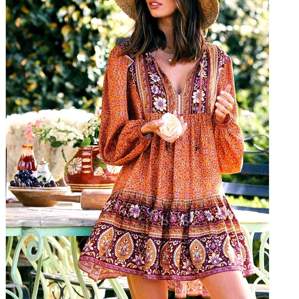 FashionSierra-Lantern Long Sleeve Mini Floral Print Tunic Robe Autumn Short Vintage V-neck Loose Vestidos Boho Dress