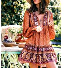 FashionSierra-Lantern Long Sleeve Mini Floral Print Tunic Robe Autumn Short Vintage V-neck Loose Vestidos Boho Dress