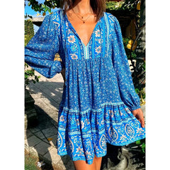FashionSierra-Lantern Long Sleeve Mini Floral Print Tunic Robe Autumn Short Vintage V-neck Loose Vestidos Boho Dress