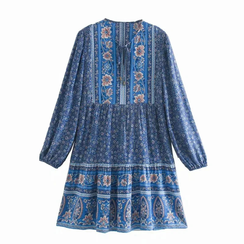 FashionSierra-Lantern Long Sleeve Mini Floral Print Tunic Robe Autumn Short Vintage V-neck Loose Vestidos Boho Dress