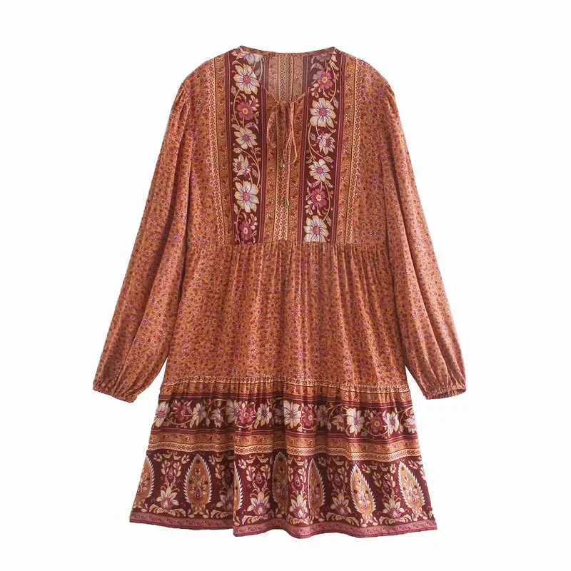 FashionSierra-Lantern Long Sleeve Mini Floral Print Tunic Robe Autumn Short Vintage V-neck Loose Vestidos Boho Dress