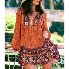 FashionSierra-Lantern Long Sleeve Mini Floral Print Tunic Robe Autumn Short Vintage V-neck Loose Vestidos Boho Dress