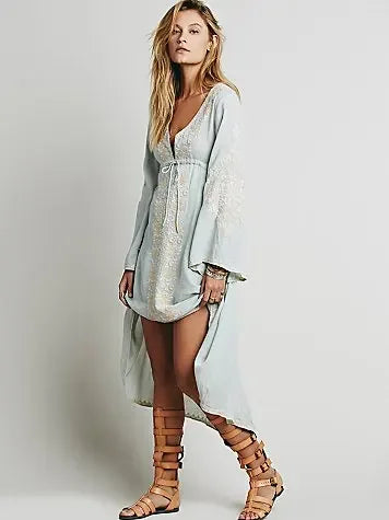 FashionSierra-Long Sleeve   Tunic  Vintage  Floral Embroidered  Cotton  Long  Casual  Hippie  Asymmetric Robe Boho Dress