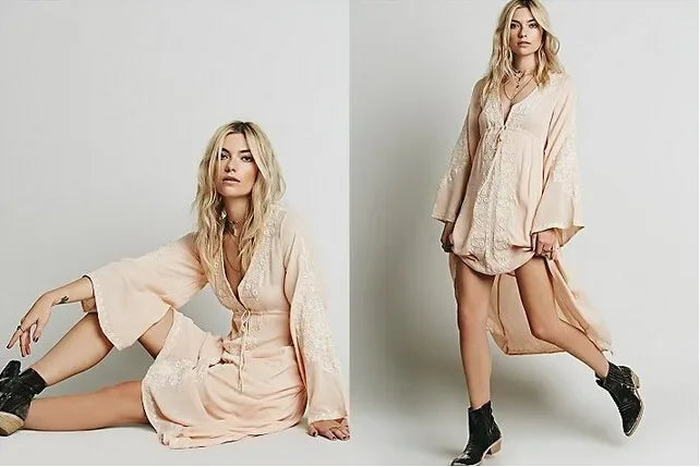 FashionSierra-Long Sleeve   Tunic  Vintage  Floral Embroidered  Cotton  Long  Casual  Hippie  Asymmetric Robe Boho Dress