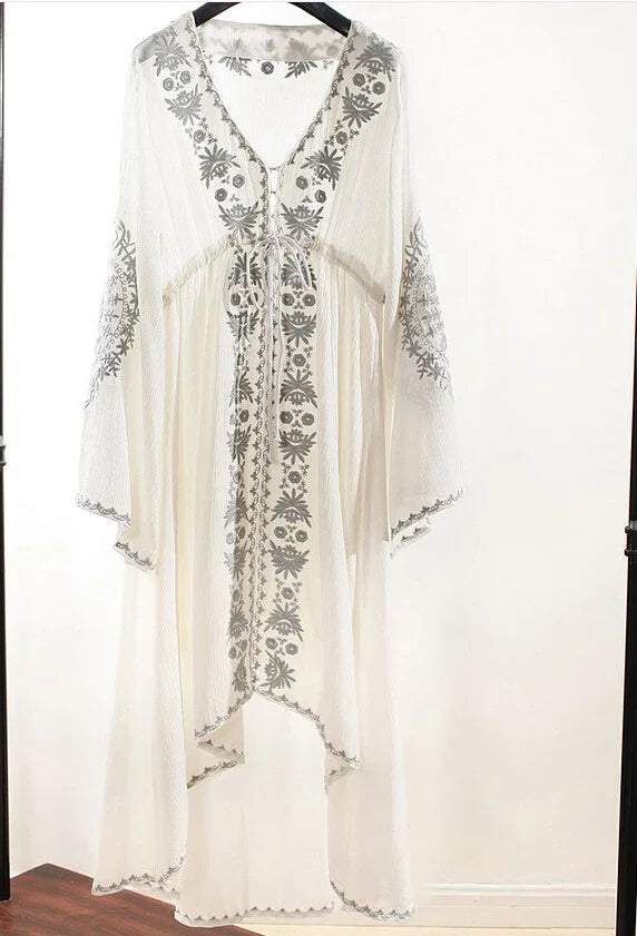 FashionSierra-Long Sleeve   Tunic  Vintage  Floral Embroidered  Cotton  Long  Casual  Hippie  Asymmetric Robe Boho Dress