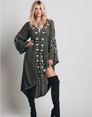 FashionSierra-Long Sleeve   Tunic  Vintage  Floral Embroidered  Cotton  Long  Casual  Hippie  Asymmetric Robe Boho Dress