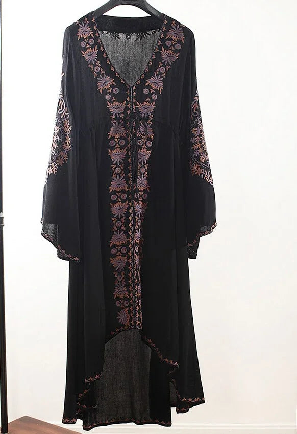 FashionSierra-Long Sleeve   Tunic  Vintage  Floral Embroidered  Cotton  Long  Casual  Hippie  Asymmetric Robe Boho Dress
