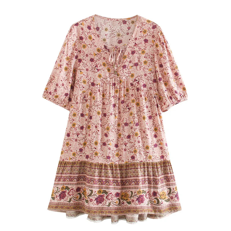 FashionSierra-Pink Floral Print Robe A-line Mini Beach V Neck Short Summer Vintage Loose Casual Boho Dress