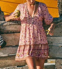 FashionSierra-Pink Floral Print Robe A-line Mini Beach V Neck Short Summer Vintage Loose Casual Boho Dress
