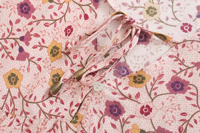 FashionSierra-Pink Floral Print Robe A-line Mini Beach V Neck Short Summer Vintage Loose Casual Boho Dress