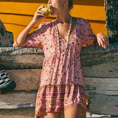 FashionSierra-Pink Floral Print Robe A-line Mini Beach V Neck Short Summer Vintage Loose Casual Boho Dress