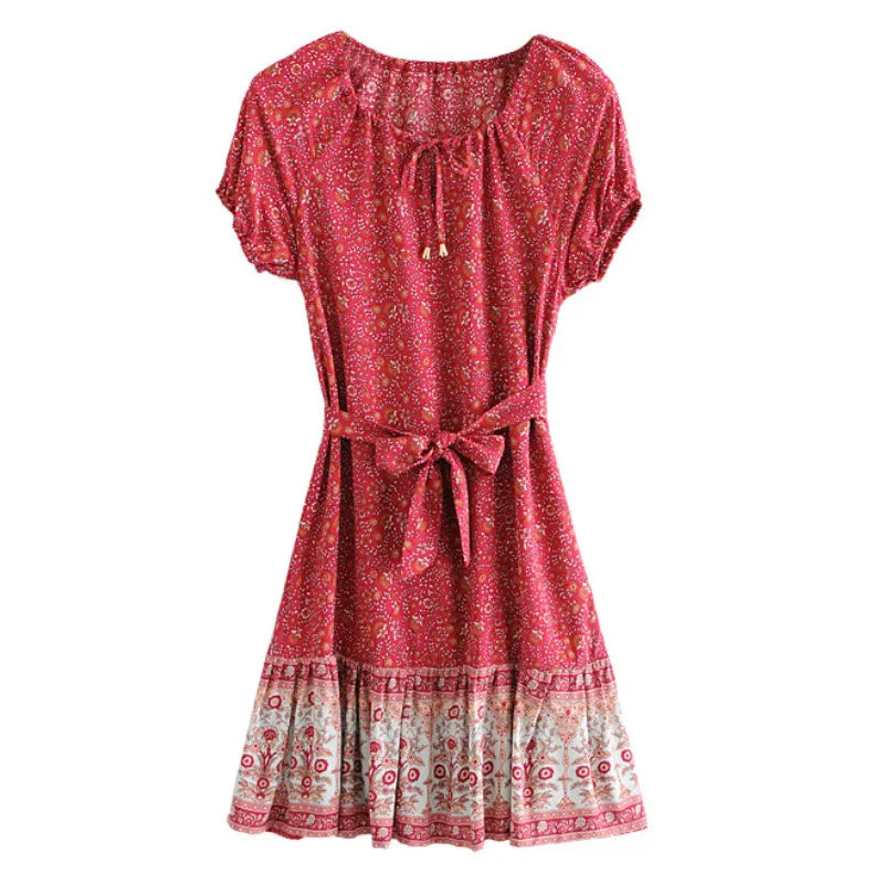 FashionSierra-Puff Print Short Sleeve Mini Vintage Red Floral Beach Summer Cotton Boho Dress