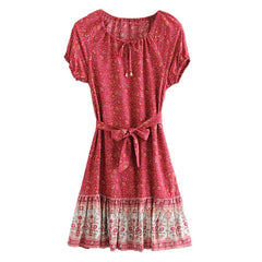 FashionSierra-Puff Print Short Sleeve Mini Vintage Red Floral Beach Summer Cotton Boho Dress
