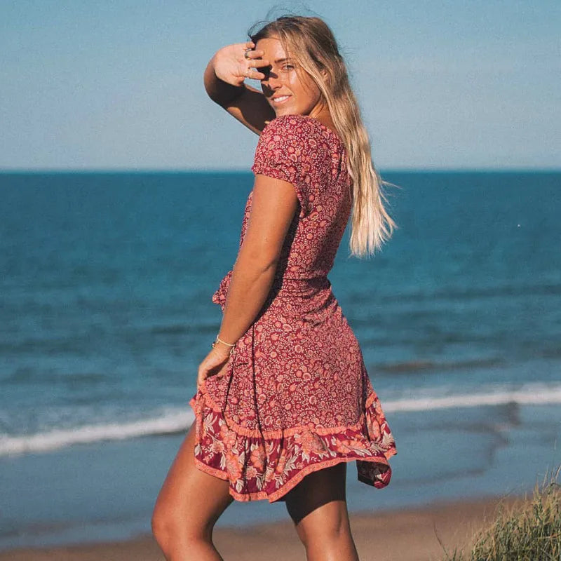 FashionSierra-Puff Print Short Sleeve Mini Vintage Red Floral Beach Summer Cotton Boho Dress