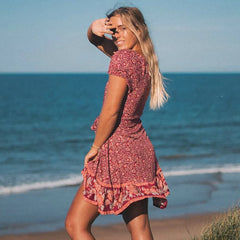 FashionSierra-Puff Print Short Sleeve Mini Vintage Red Floral Beach Summer Cotton Boho Dress