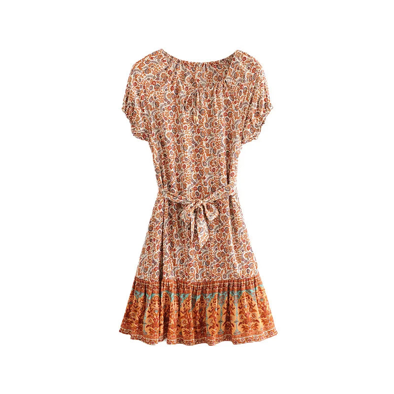 FashionSierra-Puff Print Short Sleeve Mini Vintage Red Floral Beach Summer Cotton Boho Dress