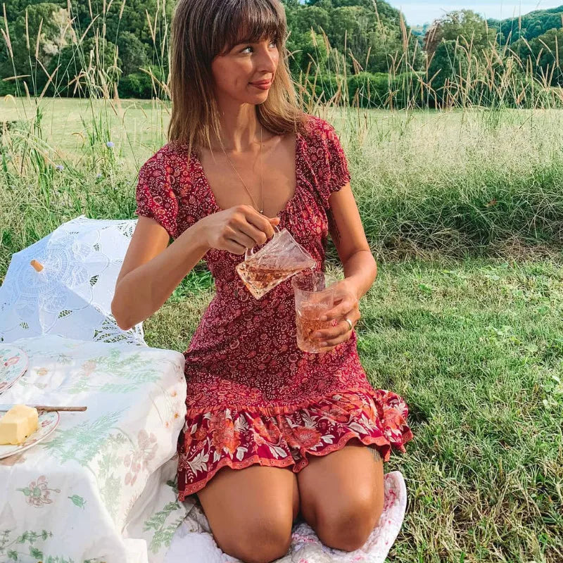 FashionSierra-Puff Print Short Sleeve Mini Vintage Red Floral Beach Summer Cotton Boho Dress