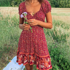 FashionSierra-Puff Print Short Sleeve Mini Vintage Red Floral Beach Summer Cotton Boho Dress