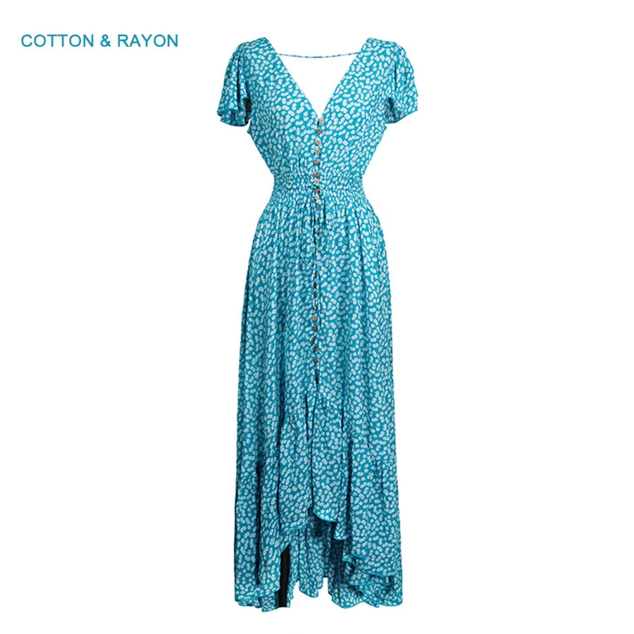 FashionSierra-Backless Maxi Summer Cotton Blue Floral Print Beach V Neck Vestidos Casual Robe Boho Dress