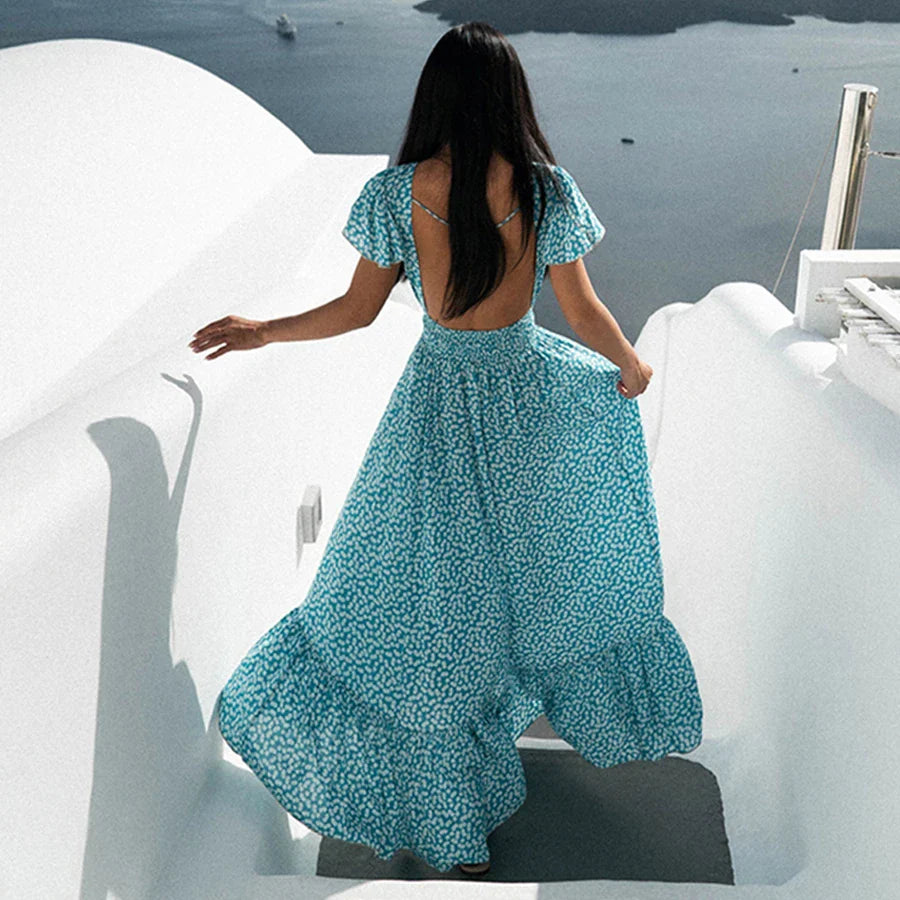 FashionSierra-Backless Maxi Summer Cotton Blue Floral Print Beach V Neck Vestidos Casual Robe Boho Dress