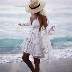 FashionSierra- Deep V Neck  Sleeveless  Backless  Mini   Summer  Beach  Lace  Vestidos   Boho Dress