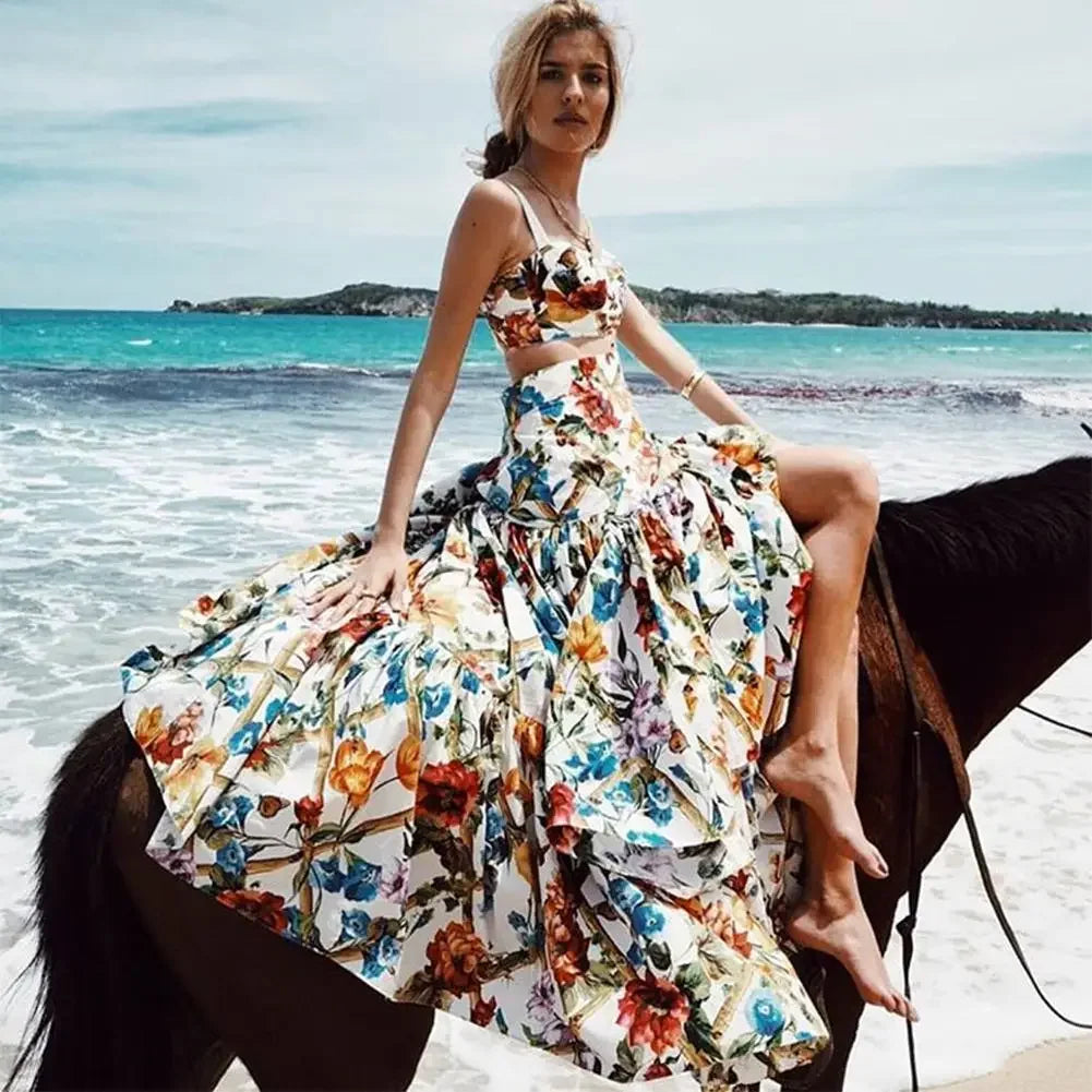 FashionSierra-Sleeveless Maxi   2 Piece Set  Vintage Floral Print  Bohemian  Summer  Vestidos  Beach  Robe   3XL Boho Dress