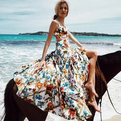 FashionSierra-Sleeveless Maxi   2 Piece Set  Vintage Floral Print  Bohemian  Summer  Vestidos  Beach  Robe   3XL Boho Dress